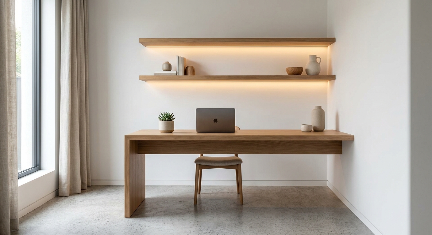 coin bureau home office aménagé avec étagères murales, éclairage LED et gestion des câbles soignée