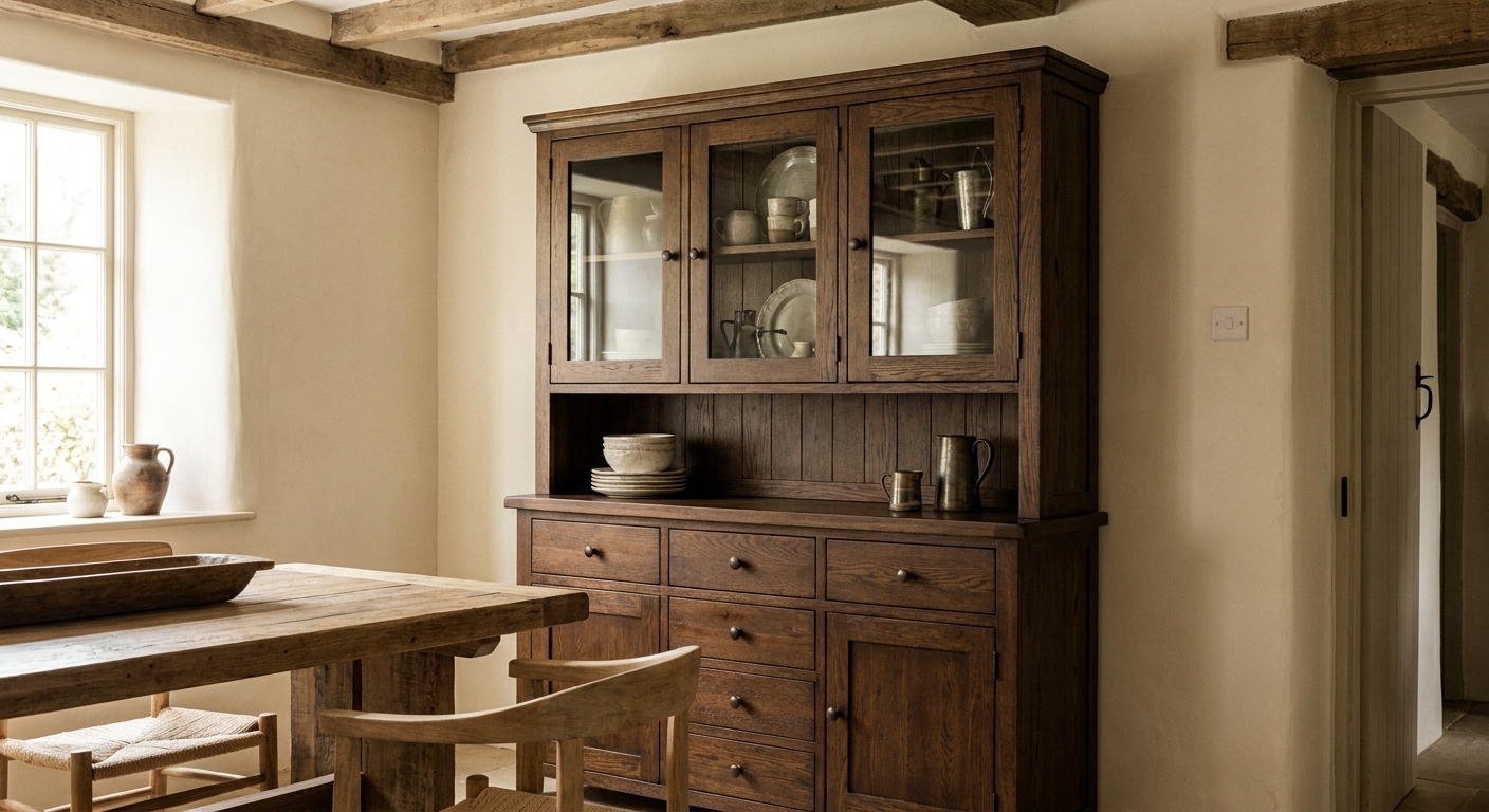 vaisselier en bois de chêne finition Railway Brown avec portes vitrées et accents métalliques, style rustique campagnard