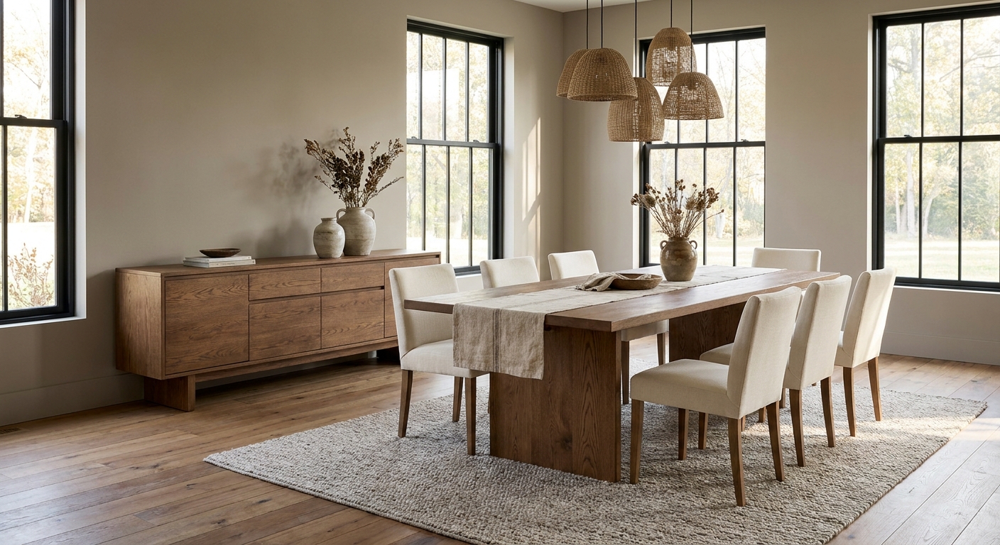 salle à manger avec buffet et table en bois de chêne finition brun chaud, mobilier style rustique contemporain H&H