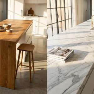 Îlot central en bois massif ou plan de travail en pierre et marbre : quel matériau choisir pour sa cuisine ?