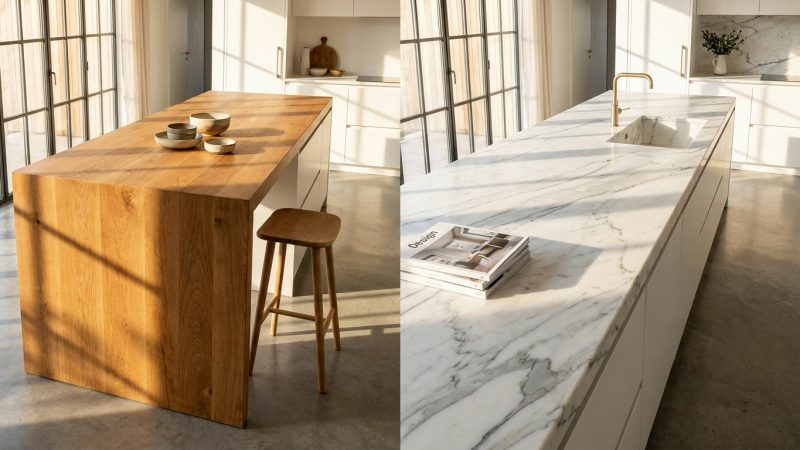 Îlot central en bois massif ou plan de travail en pierre et marbre : quel matériau choisir pour sa cuisine ?