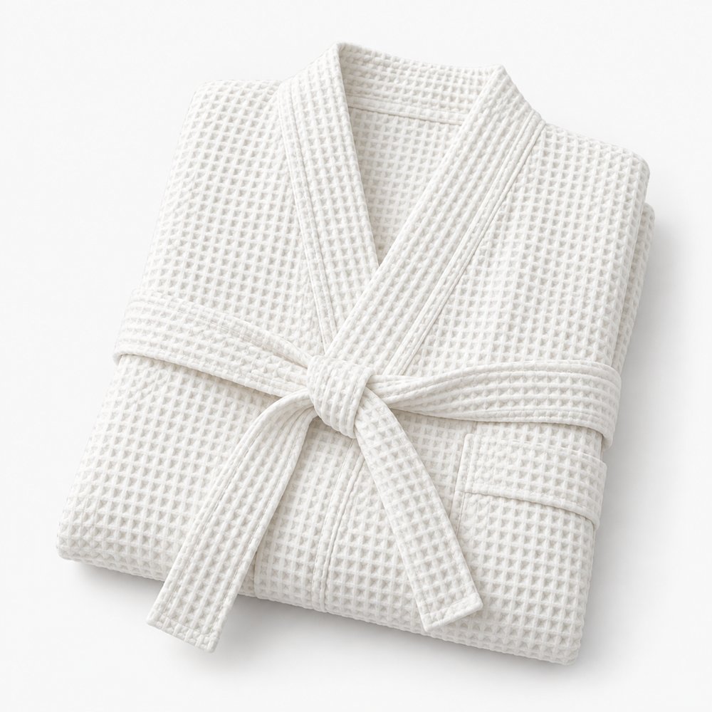 Peignoir blanc en nid d'abeille plié avec sa ceinture