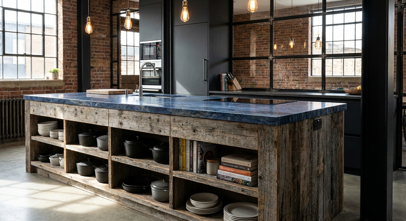 îlot central en bois massif recyclé dans une cuisine de style industriel avec rangements et plan de travail en pierre bleue