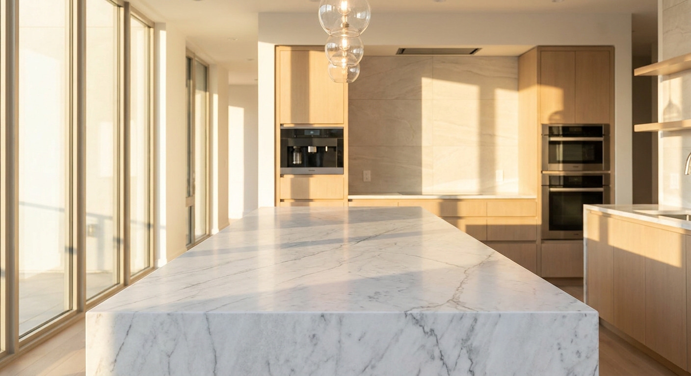 plan de travail en marbre blanc veiné sur un îlot central de cuisine lumineuse style contemporain